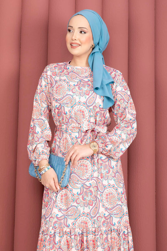 Gathered Hem Belted Patterned Dress Cream