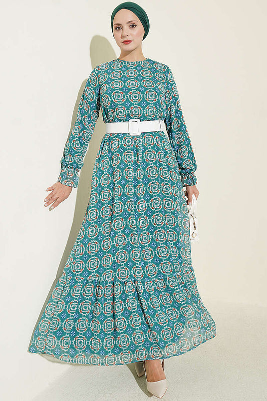 Grünes Chiffon-Kleid Mit Lockerer Passform Und Gerafftem Rock