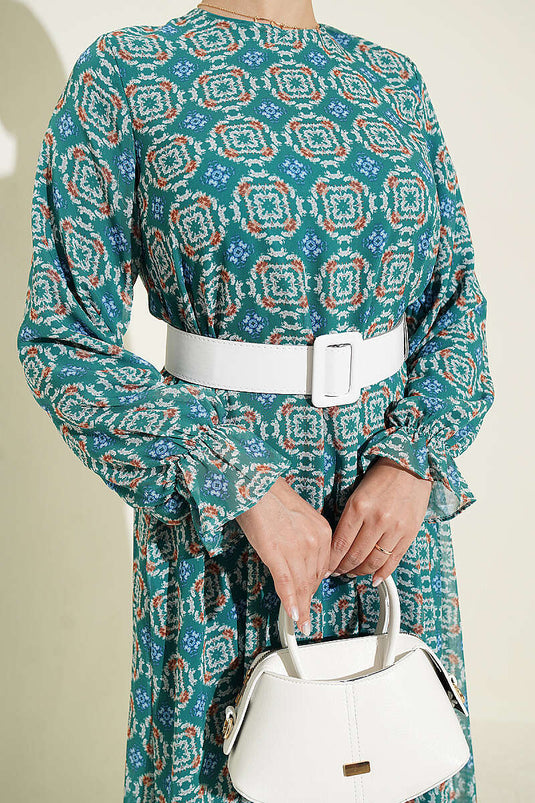 Grünes Chiffon-Kleid Mit Lockerer Passform Und Gerafftem Rock