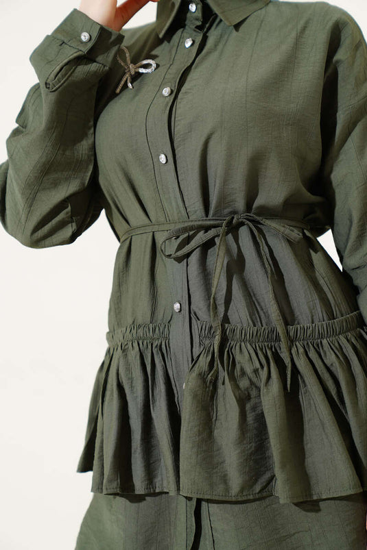 Frilled Skirt with Belted Two-Piece Set in Khaki