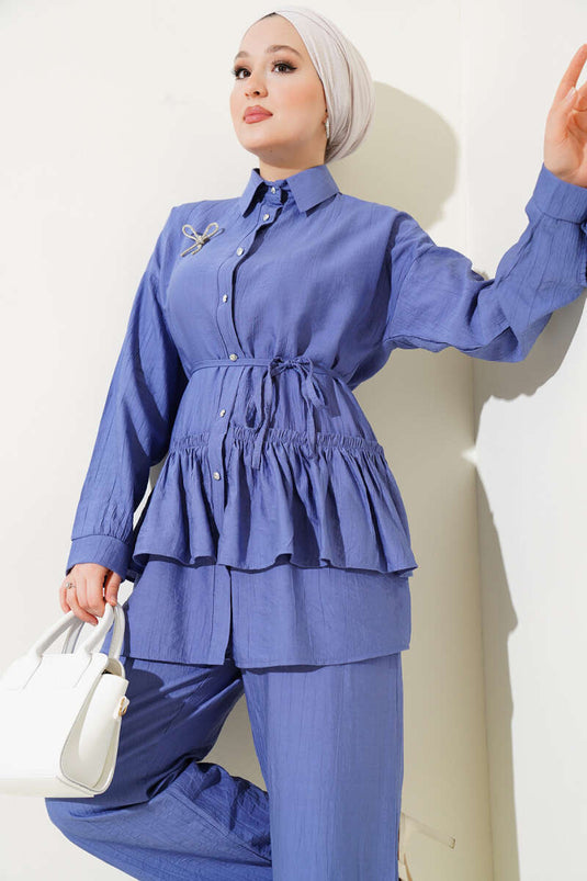 Frilled Skirt with Belted Two-Piece Set Indigo