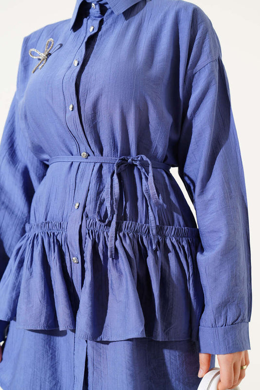 Frilled Skirt with Belted Two-Piece Set Indigo