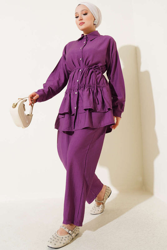 Eteği Fırfırlı İp Kuşaklı İkili Takım Magenta