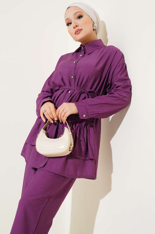 Eteği Fırfırlı İp Kuşaklı İkili Takım Magenta