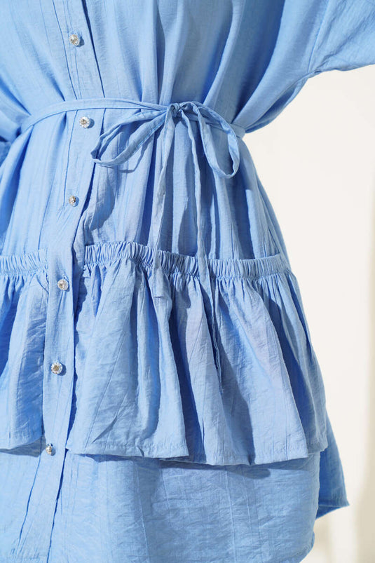 Tweedelig setje met rok met ruches en strikceintuur, blauw