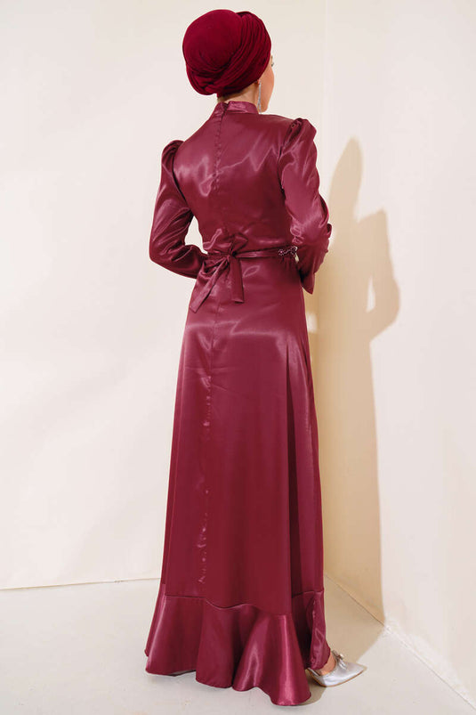 Robe Jupe Froufrous Ceinture Nouée Rouge Claret