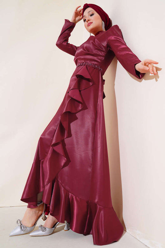 Robe Jupe Froufrous Ceinture Nouée Rouge Claret