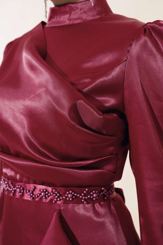 Robe Jupe Froufrous Ceinture Nouée Rouge Claret