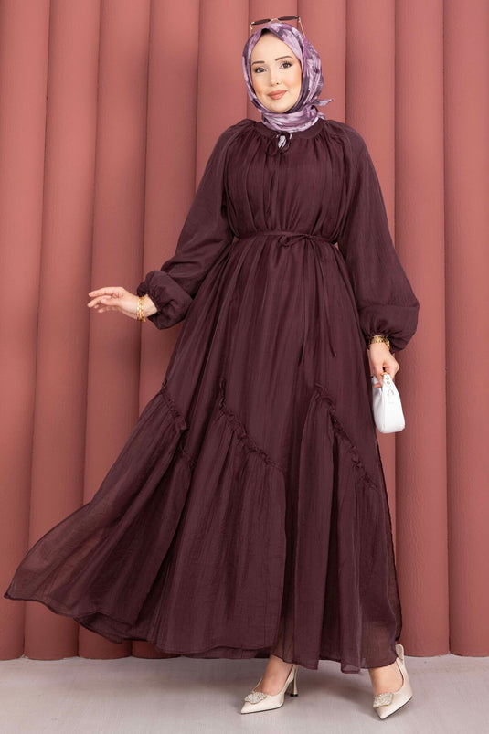 Robe Tesettür à Volants avec Ceinture Couleur Mûre