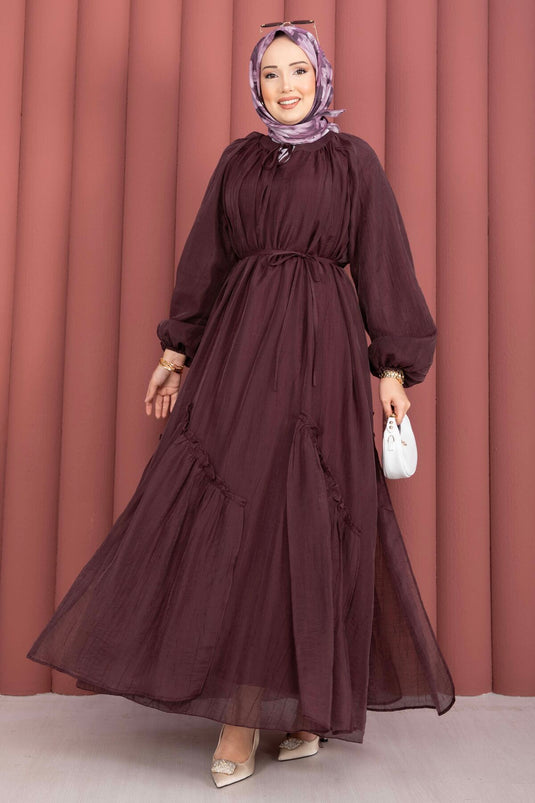 Rüschensaum und Gürtel Tesettür Kleid in Pflaumenfarbe