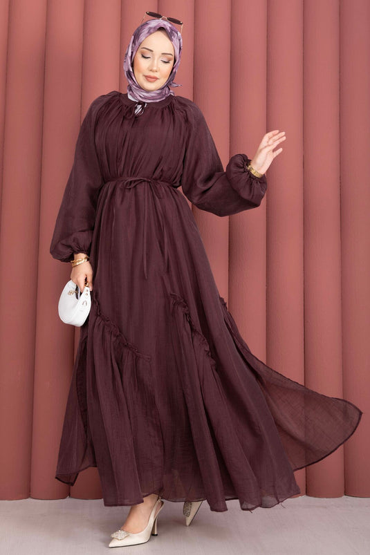 Rüschensaum und Gürtel Tesettür Kleid in Pflaumenfarbe