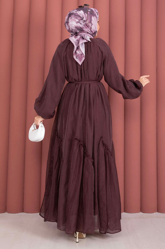 Rüschensaum und Gürtel Tesettür Kleid in Pflaumenfarbe