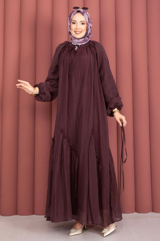 Rüschensaum und Gürtel Tesettür Kleid in Pflaumenfarbe