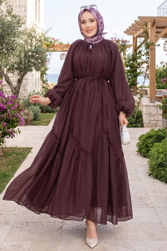 Rüschensaum und Gürtel Tesettür Kleid in Pflaumenfarbe