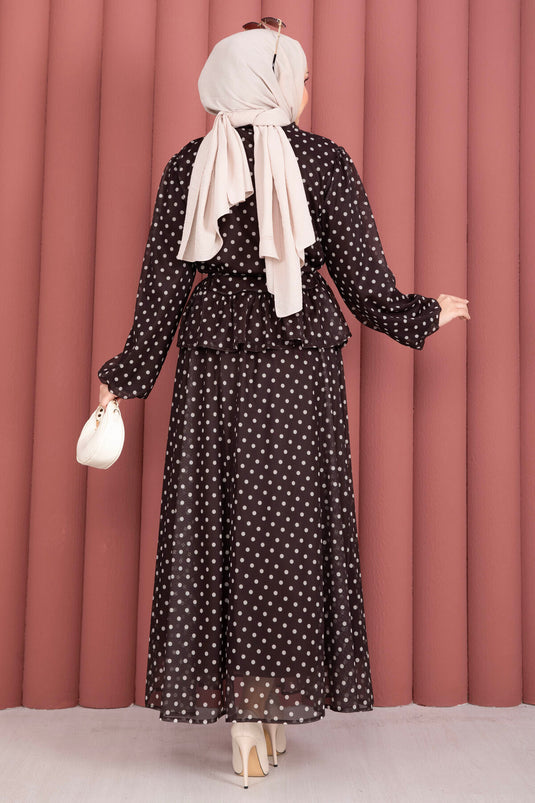 Ensemble blouse et jupe à volants à pois marron