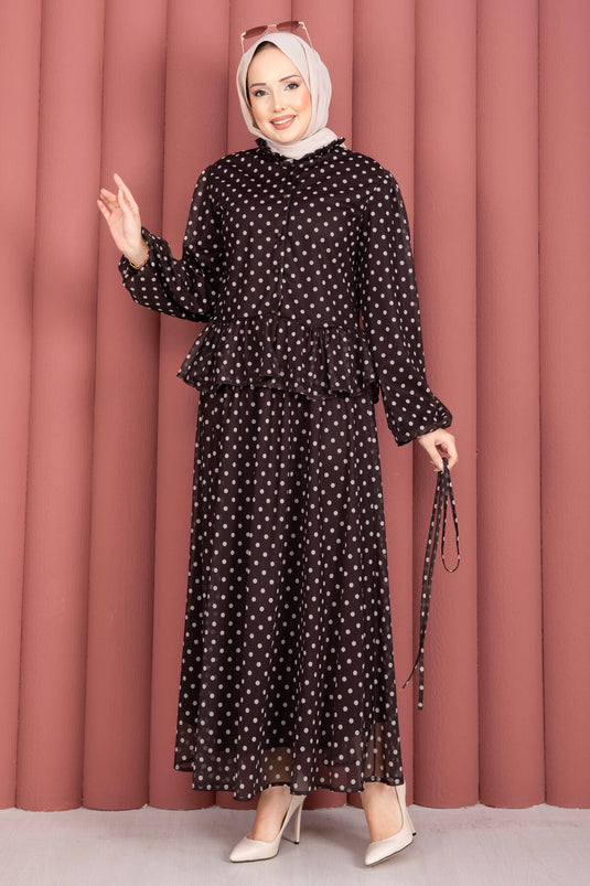 Ensemble blouse et jupe à volants à pois marron