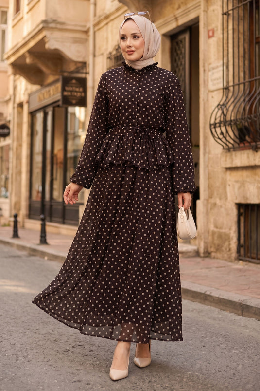 Ensemble blouse et jupe à volants à pois marron