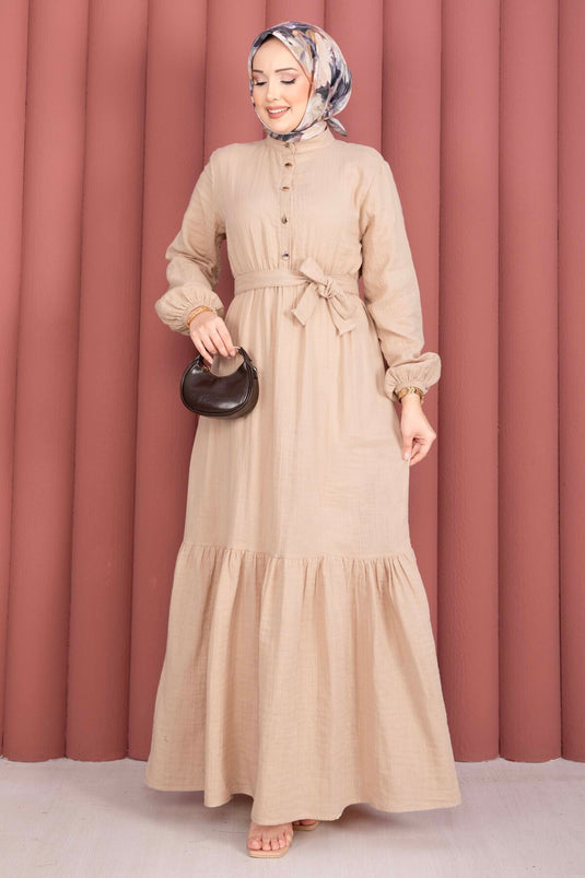 Robe Tesettür à Volants avec Boutons Mi-Longue Beige
