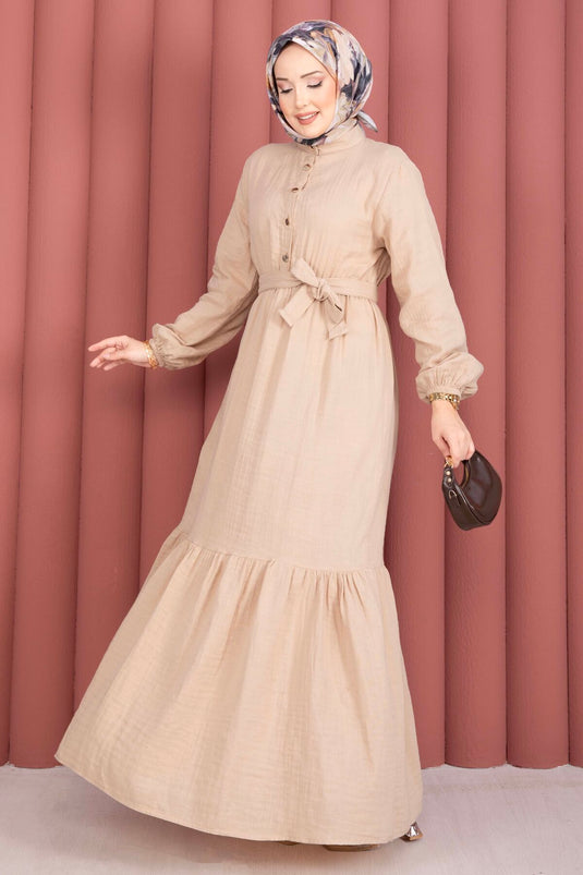 Robe Tesettür à Volants avec Boutons Mi-Longue Beige