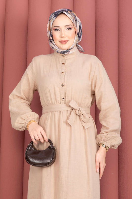 Robe Tesettür à Volants avec Boutons Mi-Longue Beige