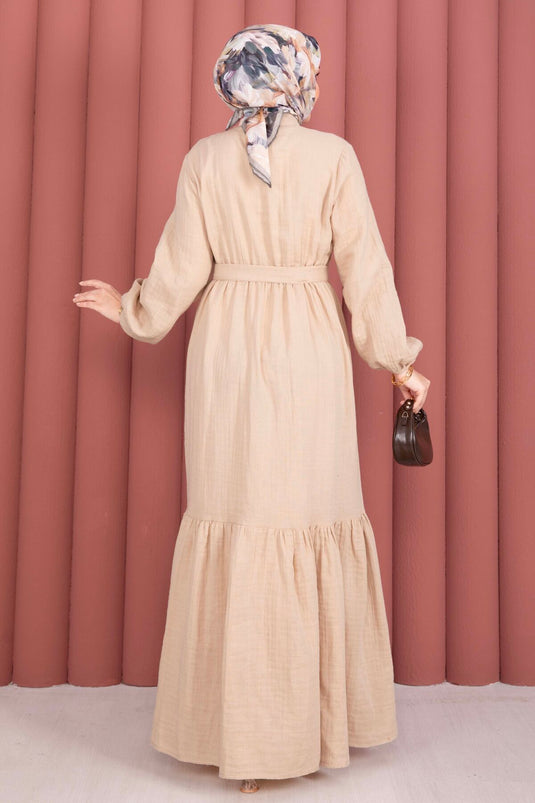 Robe Tesettür à Volants avec Boutons Mi-Longue Beige