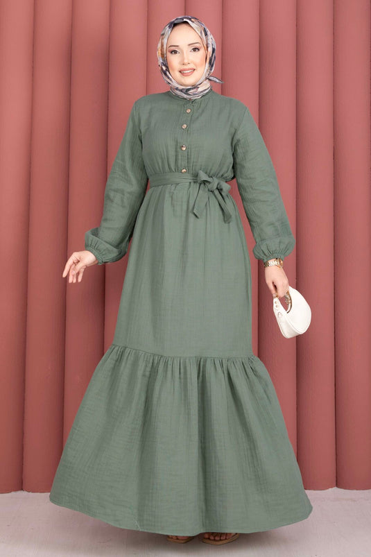 Ruffled Hem Half-Button Modest Dress Khaki