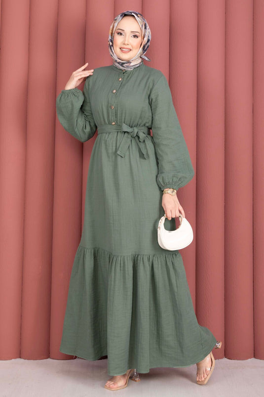 Ruffled Hem Half-Button Modest Dress Khaki