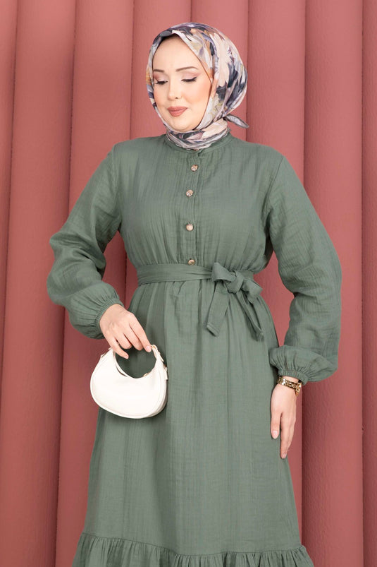 Ruffled Hem Half-Button Modest Dress Khaki