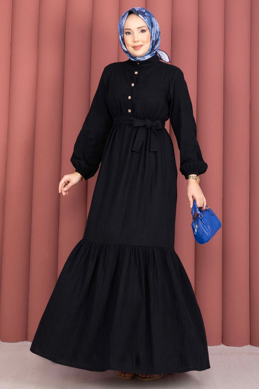 Robe Tesettür à Volants avec Demi Boutons Noire