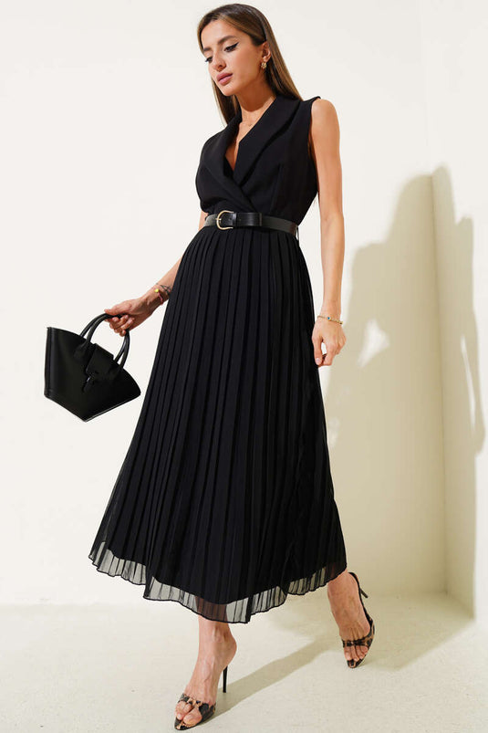 Pleated Belted Sleeveless Dress Black