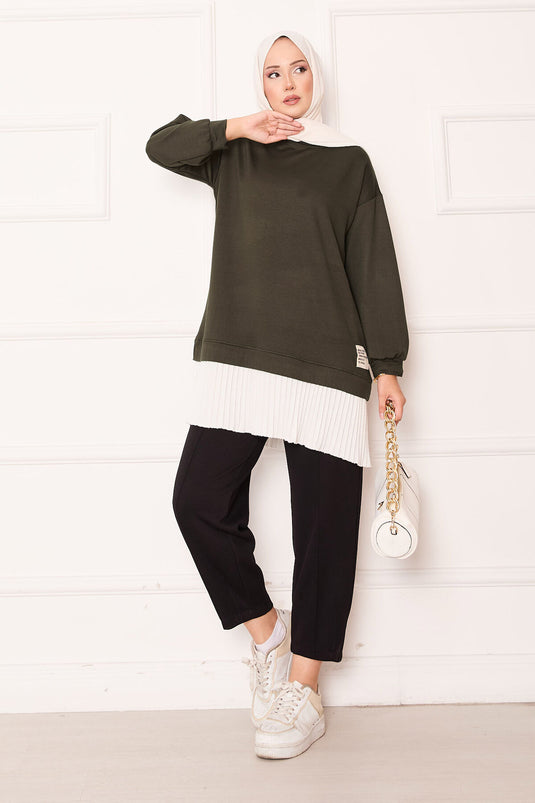 Tunique ample à jupe plissée kaki