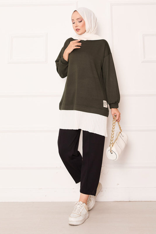 Tunique ample à jupe plissée kaki