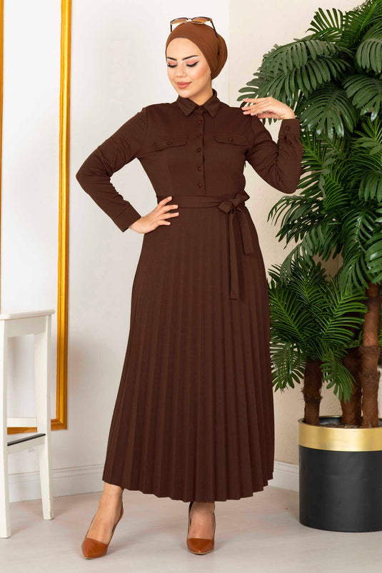 Robe Hijab Jupe Plissée 100MD21515 Marron