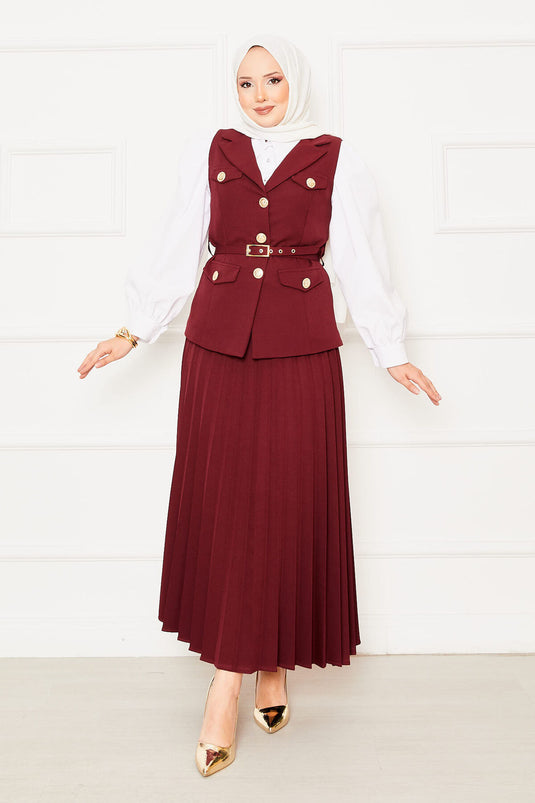 Pleated Skirt Belted Vested Two Piece Suit Claret Red