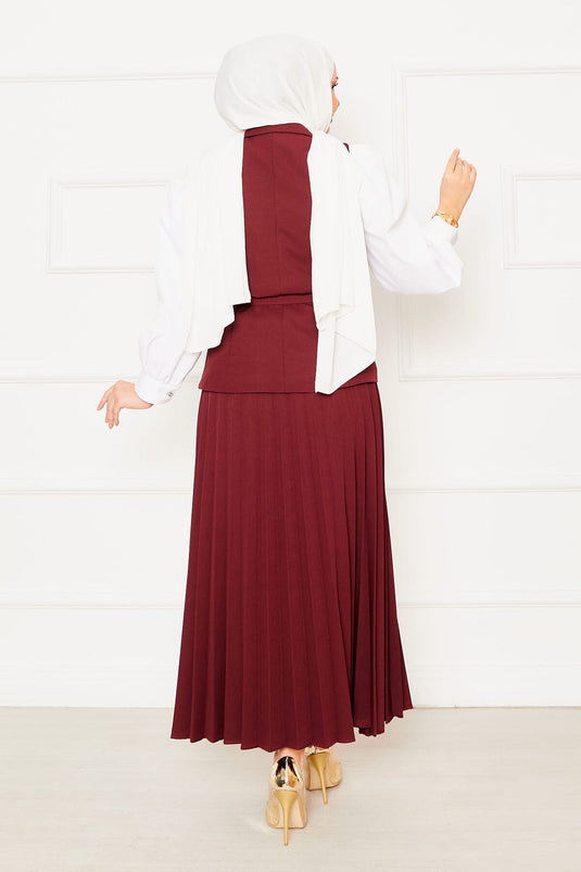 Pleated Skirt Belted Vested Two Piece Suit Claret Red