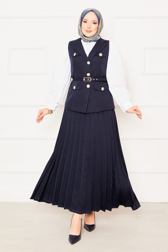 Eteği Piliseli Kemerli Yelekli İkili Takım Lacivert