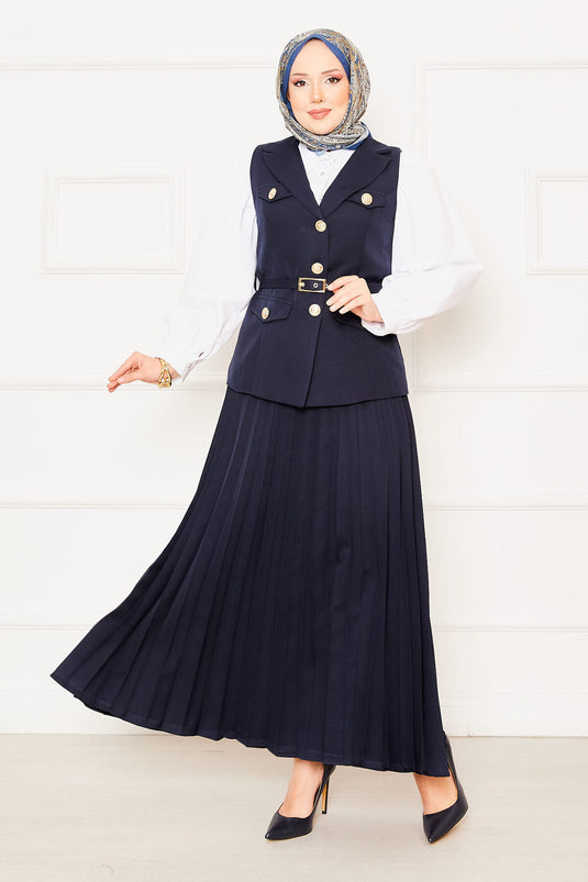 Pleated Skirt Belted Vested Two Piece Suit Navy Blue