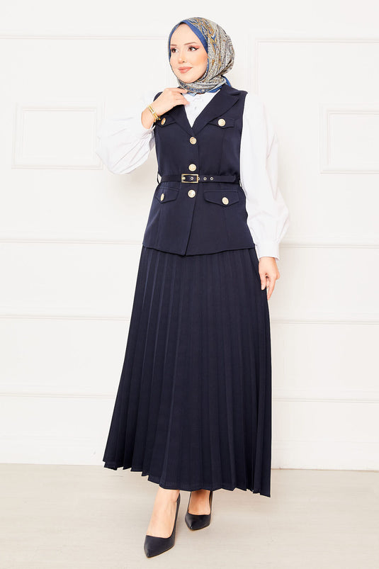 Pleated Skirt Belted Vested Two Piece Suit Navy Blue