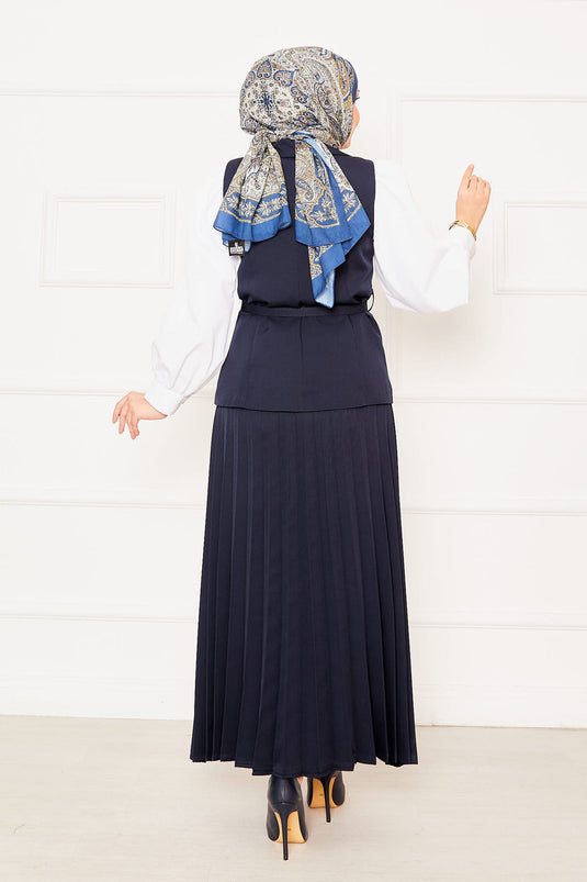 Pleated Skirt Belted Vested Two Piece Suit Navy Blue