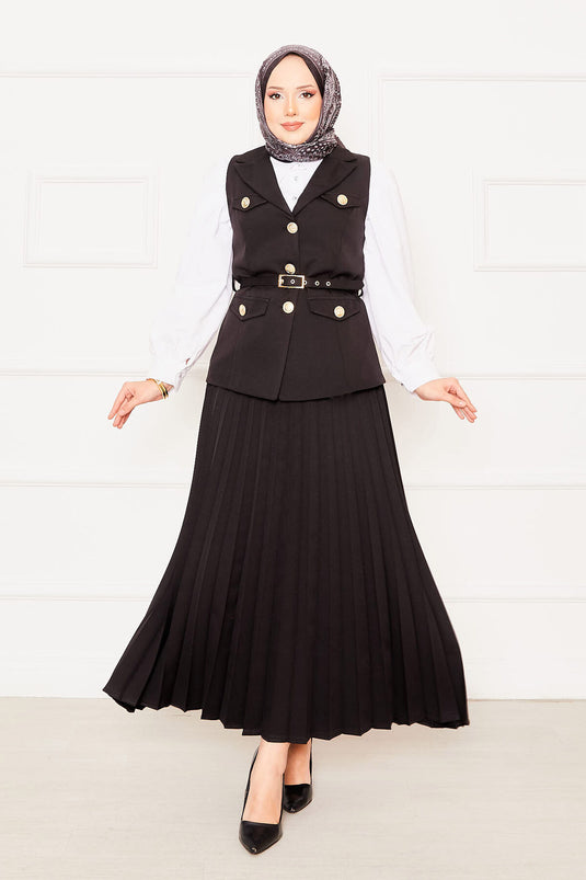 Eteği Piliseli Kemerli Yelekli İkili Takım Siyah