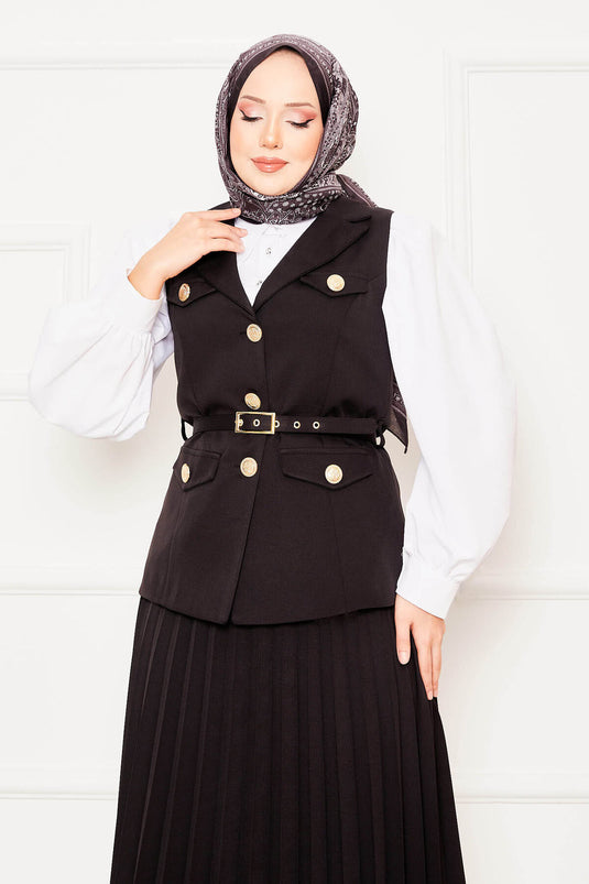 Eteği Piliseli Kemerli Yelekli İkili Takım Siyah