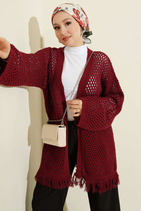 Burgundy Knit Cardigan with Lace and Tassel Hem