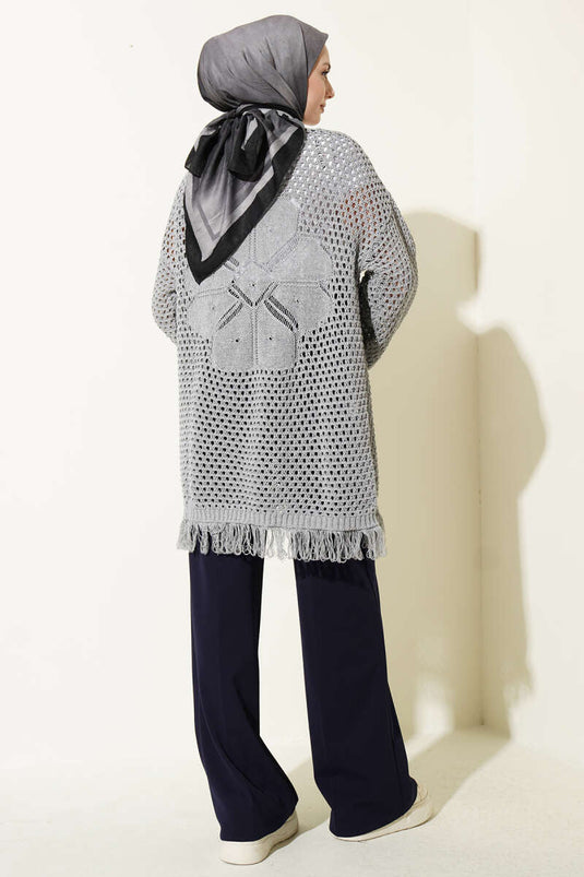 Cardigan en tricot ajouré à franges, gris