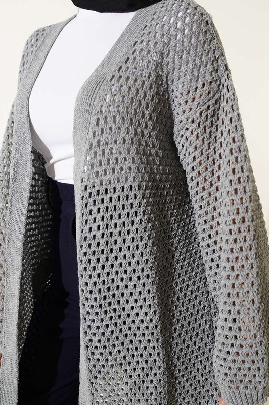 Cardigan en tricot ajouré à franges, gris
