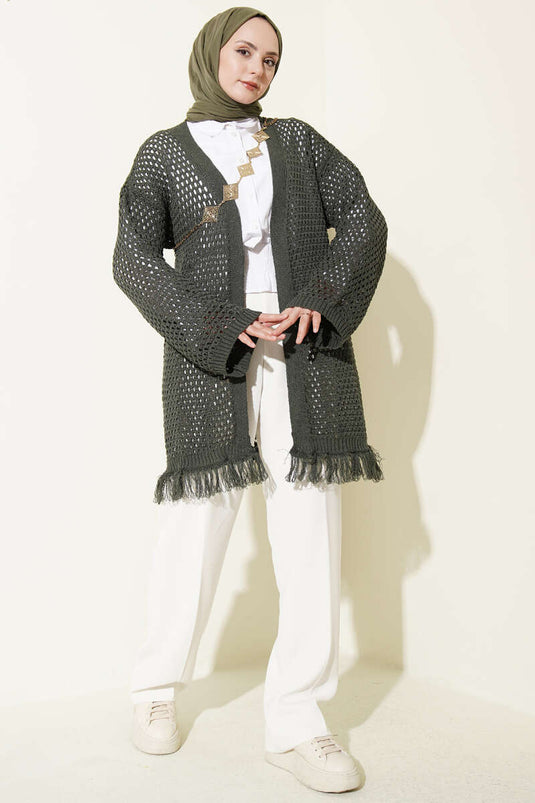 Cardigan en tricot ajouré avec franges, kaki