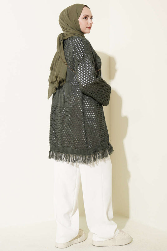 Cardigan en tricot ajouré avec franges, kaki