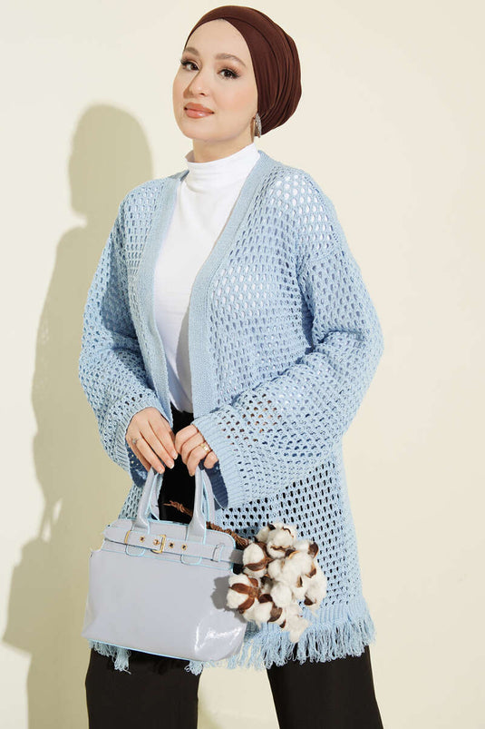 Blue knitted cardigan with lace pattern and fringed hem