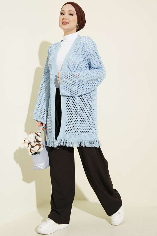 Blue knitted cardigan with lace pattern and fringed hem