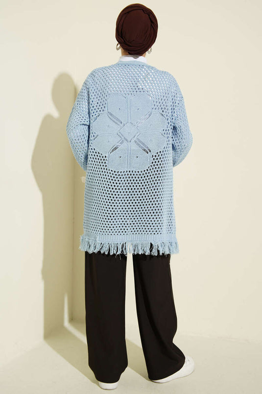Blue knitted cardigan with lace pattern and fringed hem