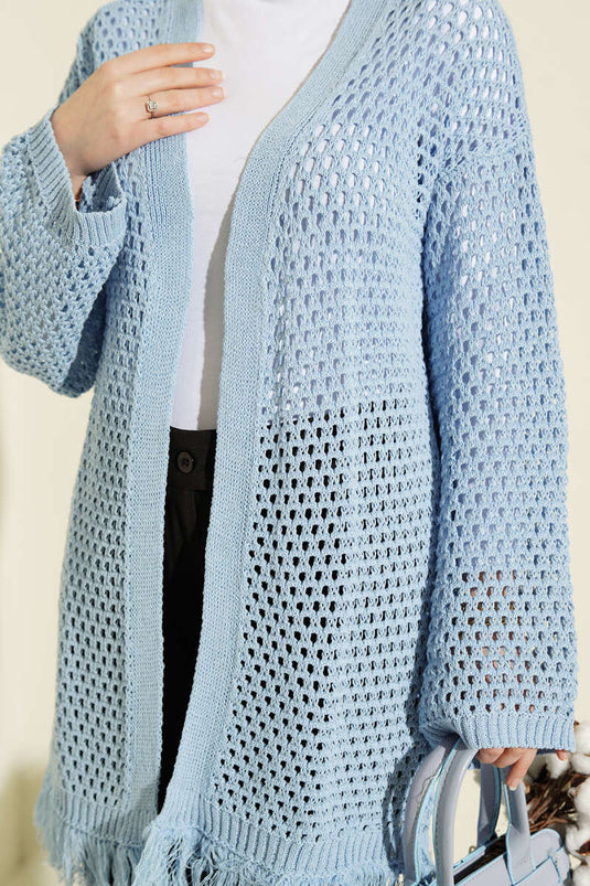 Blue knitted cardigan with lace pattern and fringed hem